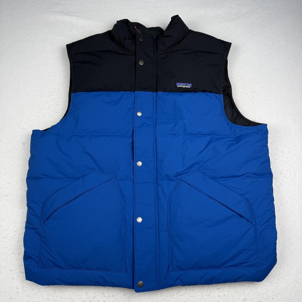 Patagonia Vest Mens 2XL Blue Quilted Down Puffer Snap Front Insulated Outdoor